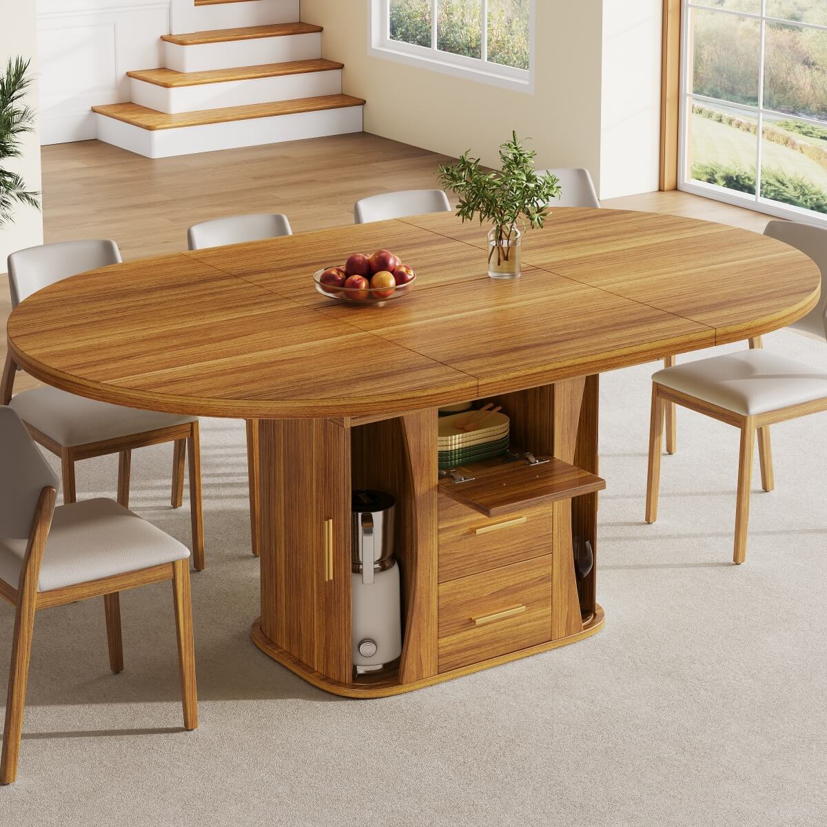 Extendable Round Dining Table 118–158cm - Kitchen Table Converts to Oval, Seats 6, 3-Tier Storage, Walnut