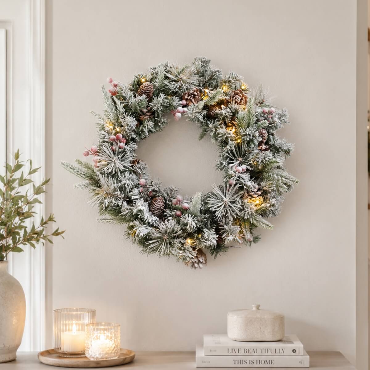 Snow-Flocked Christmas Wreath with Pine Cones & Red Berries - PVC Wreath with Pre-Lit LED Lights