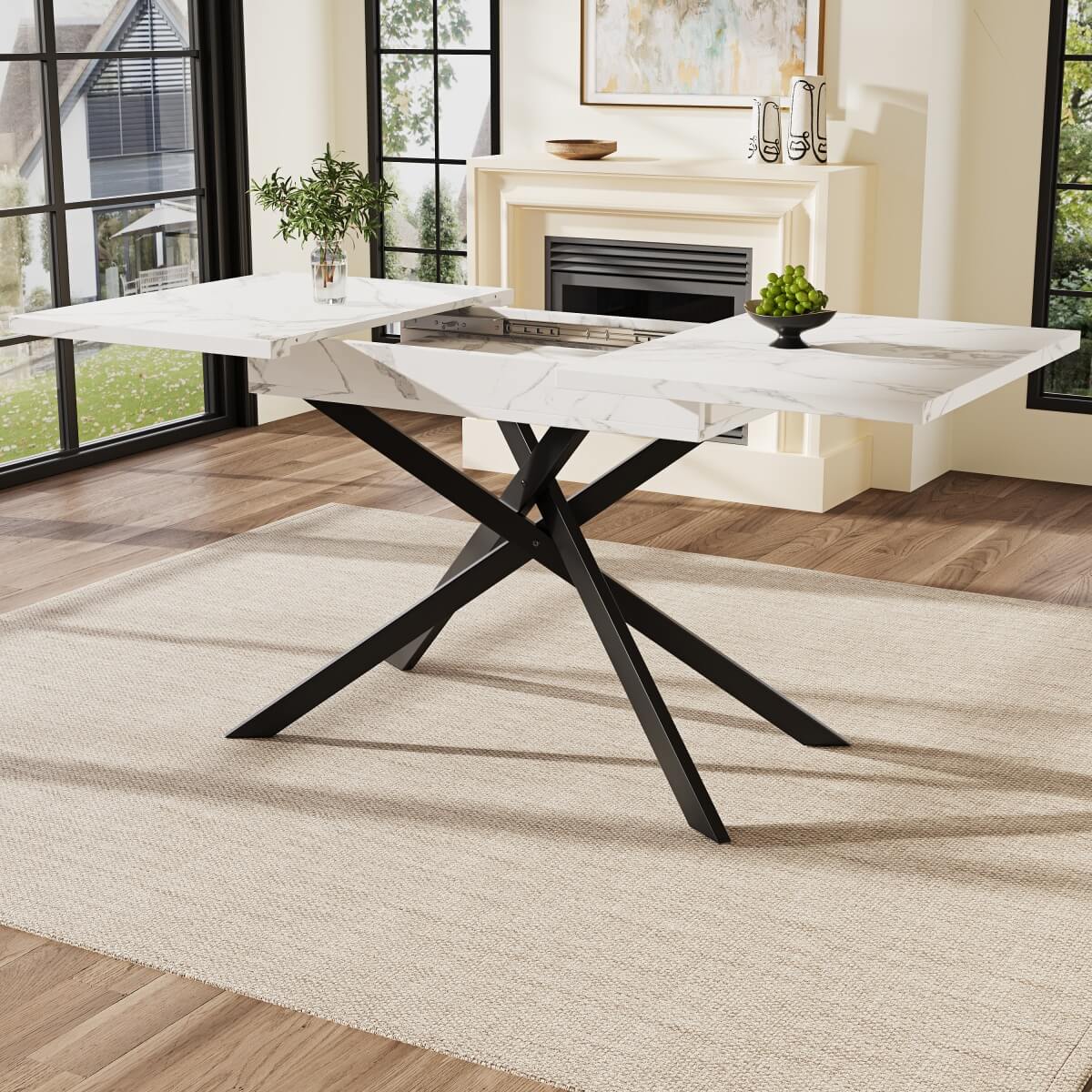 Extendable Dining Table 120–160 cm – Space-Saving Telescopic Table with Crossed Metal Legs, Marble Effect Top
