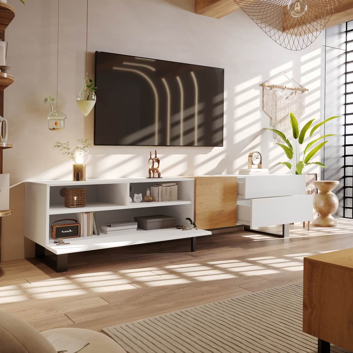 180cm TV Unit with Storage - Modern White & Wood Effect Media Cabinet