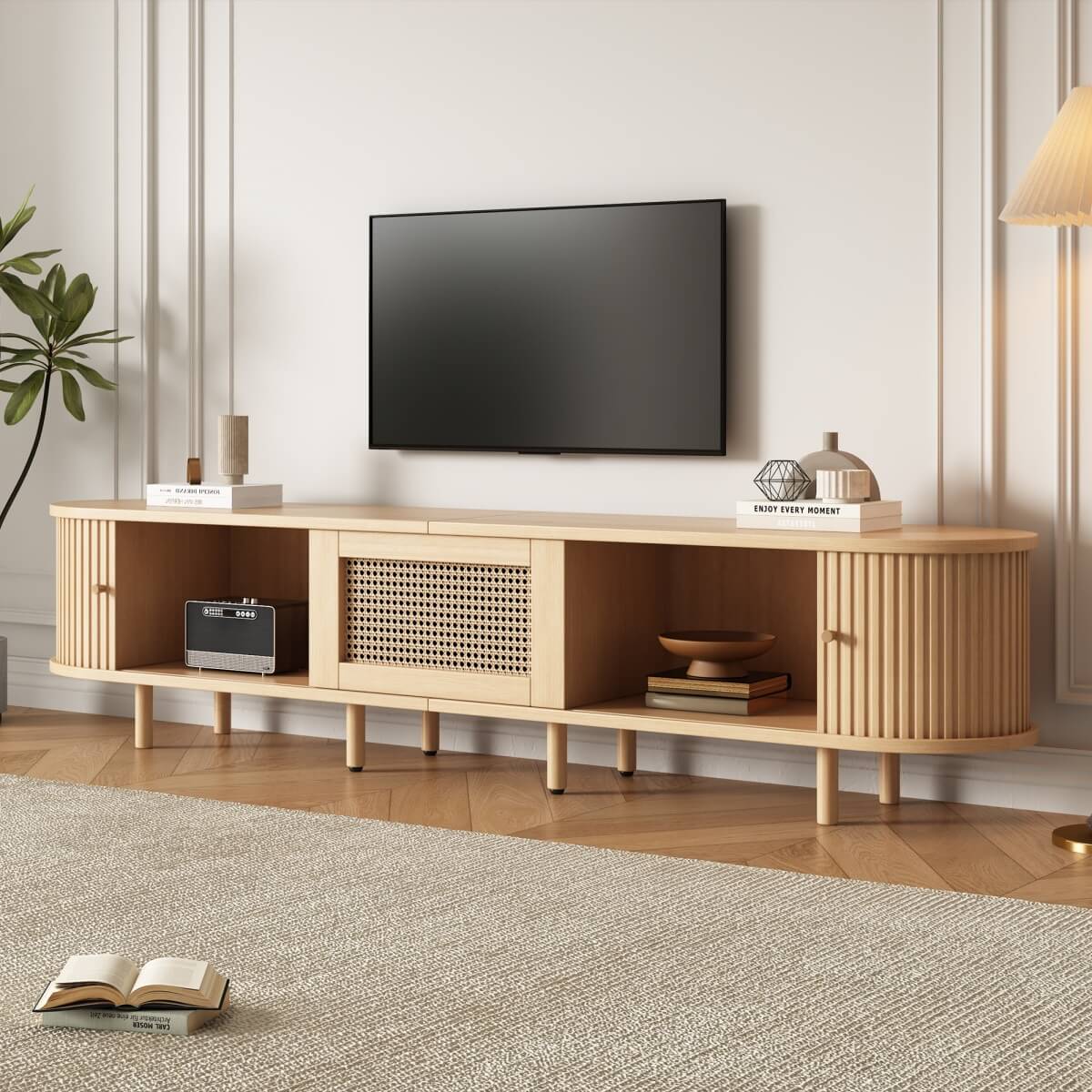 Oval TV Stand with 1 Rattan Drawer & 2 Sliding Doors – Light Wood TV Cabinet Sideboard for Living Room