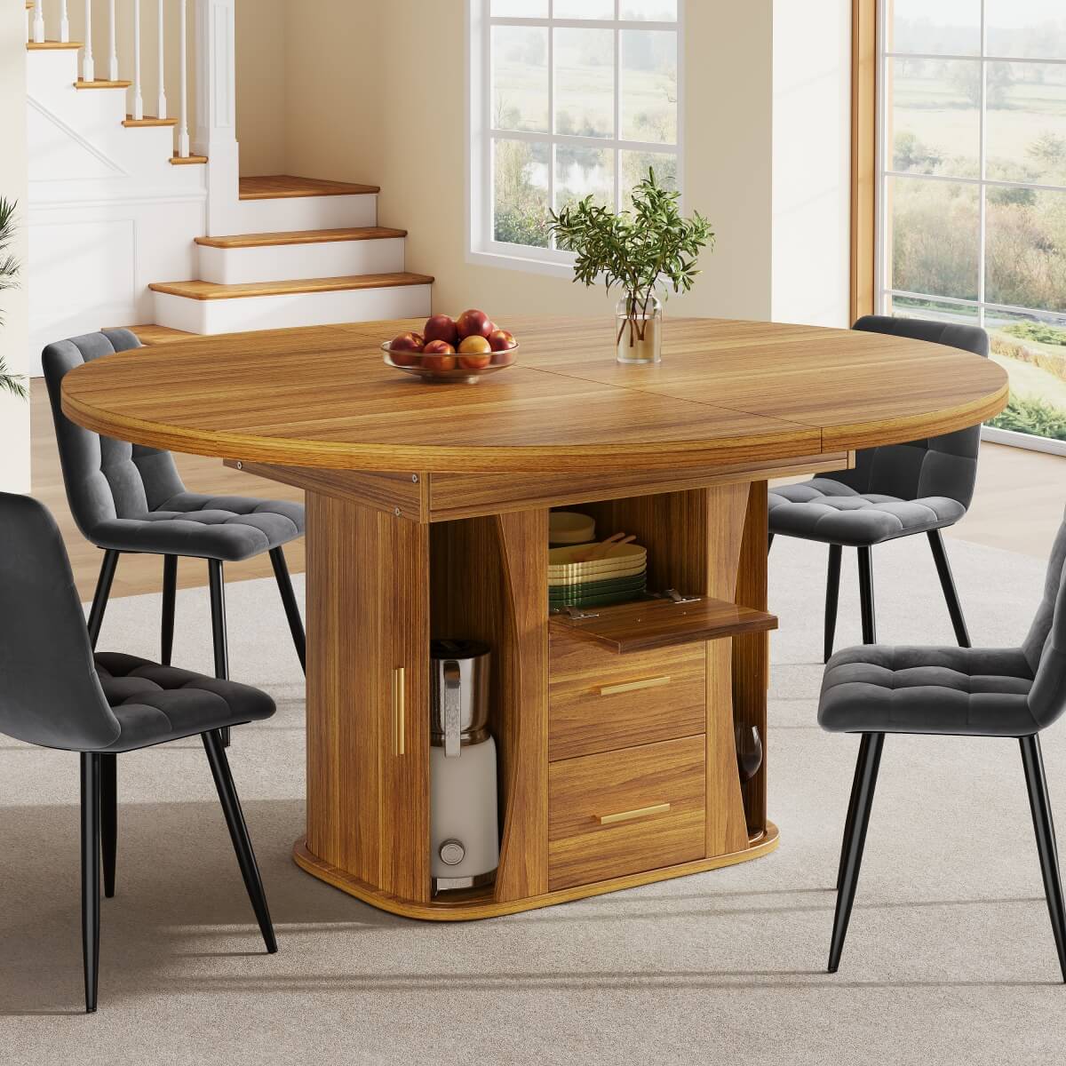 Extendable Round Dining Table 118–158cm - Kitchen Table Converts to Oval, Seats 6, 3-Tier Storage, Walnut