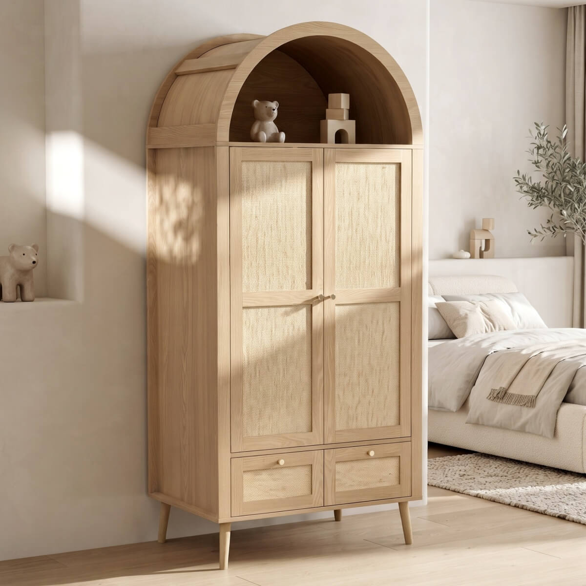 180cm Rattan Effect 2 Door Wardrobe with Arched Top - Natural Oak Storage Wardrobe with Hanging Rail, Display Shelf and 2 Drawers