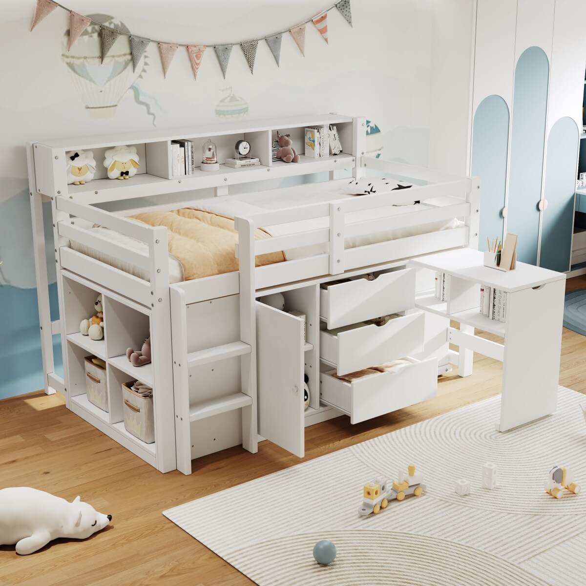 3ft Single Wooden Storage Bed - Space Saving Bed Frame with Pull-Out Desk, Drawers & Headboard Shelves, White