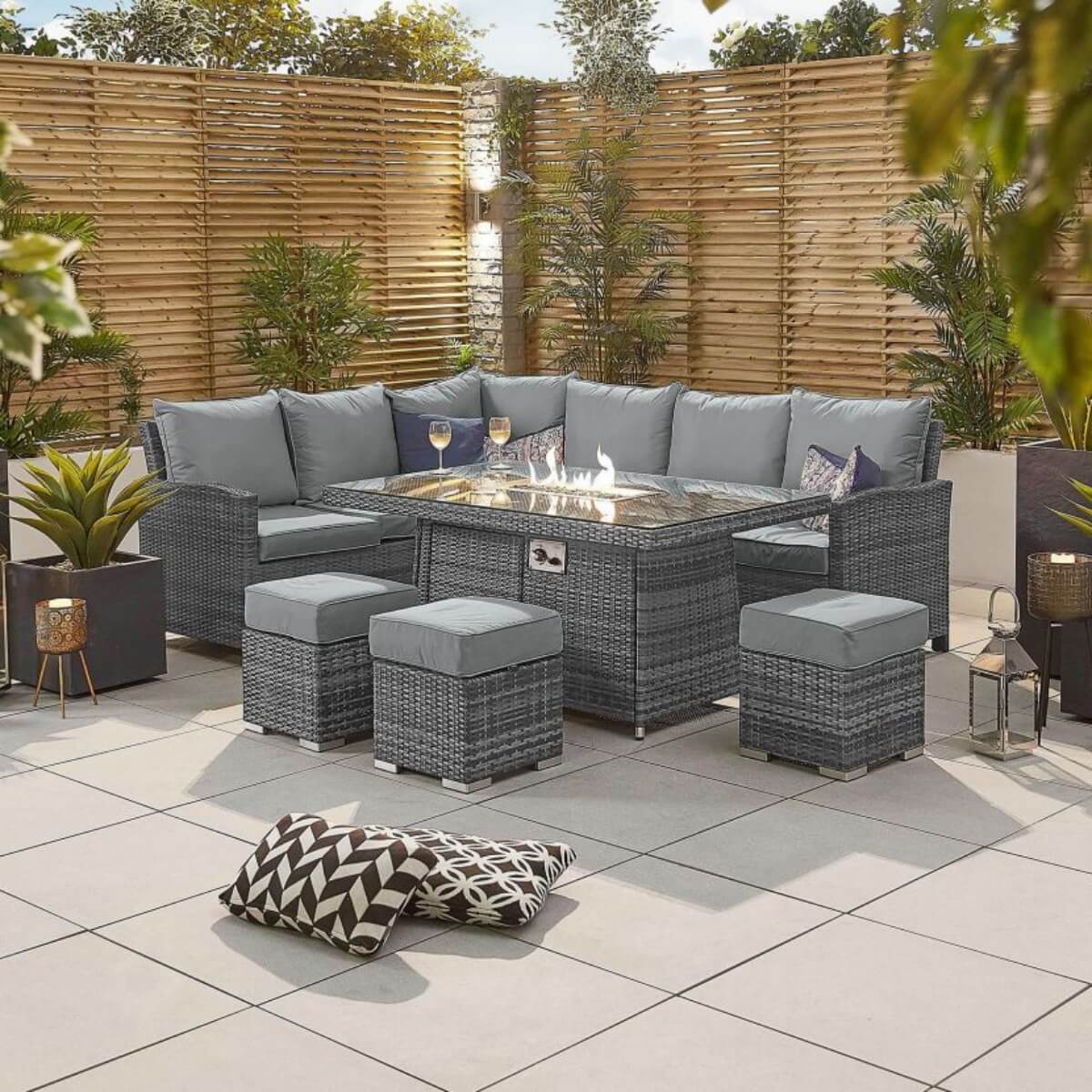 8-Seater Outdoor Corner Sofa Set with Rectangular Fire Pit Table and 3 Footstools - PAF-16591