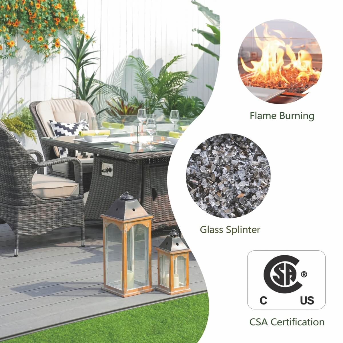 4-Seater Rattan Fire Pit Table Set - Square Gas Fire Pit Table with Wind Guard & Tempered Glass, Brown