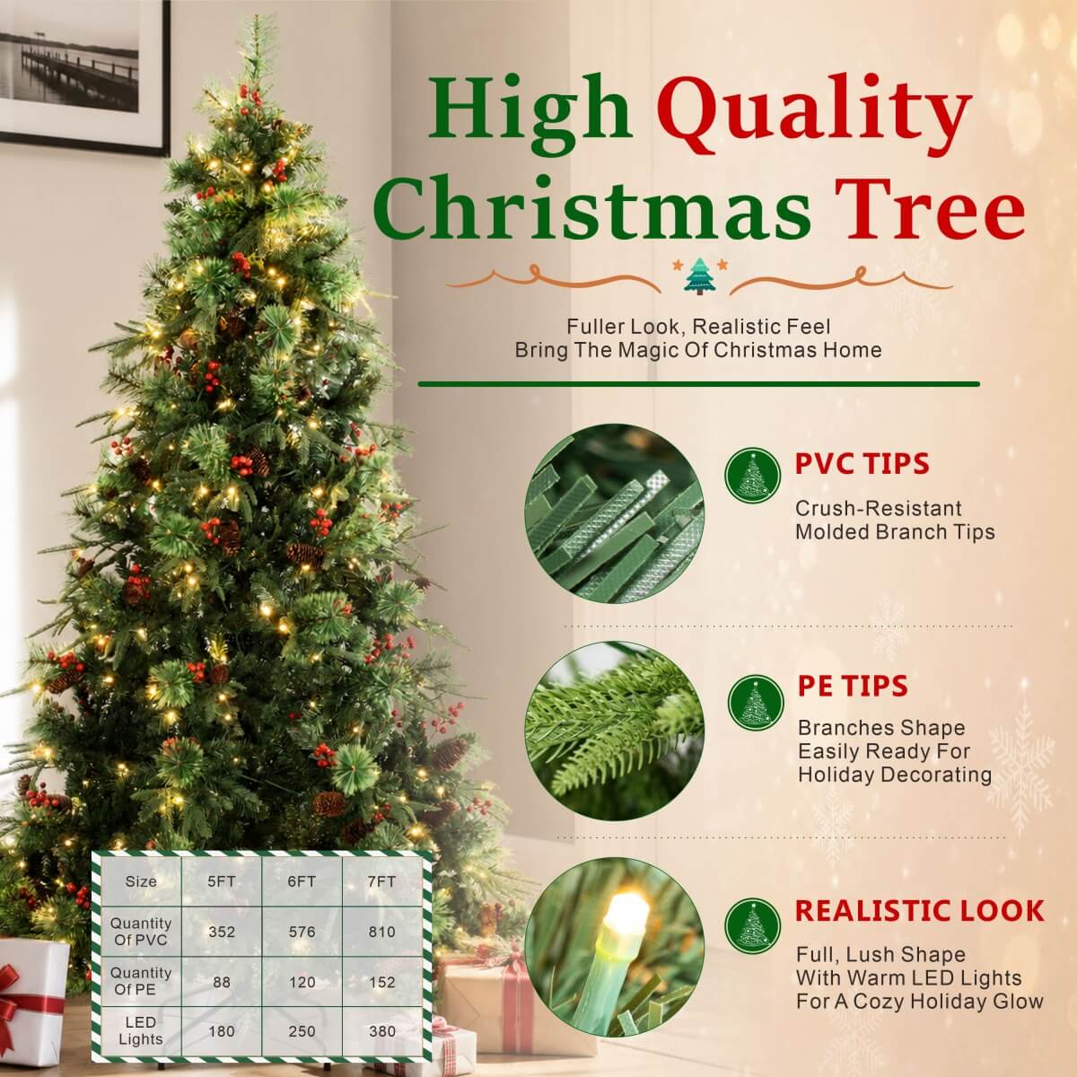 Realistic Green Artificial Christmas Tree with Pine Cones & Red Berries - Pre-Lit Warm White LED PVC Xmas Tree, Easy Setup, 5ft/6ft/7ft