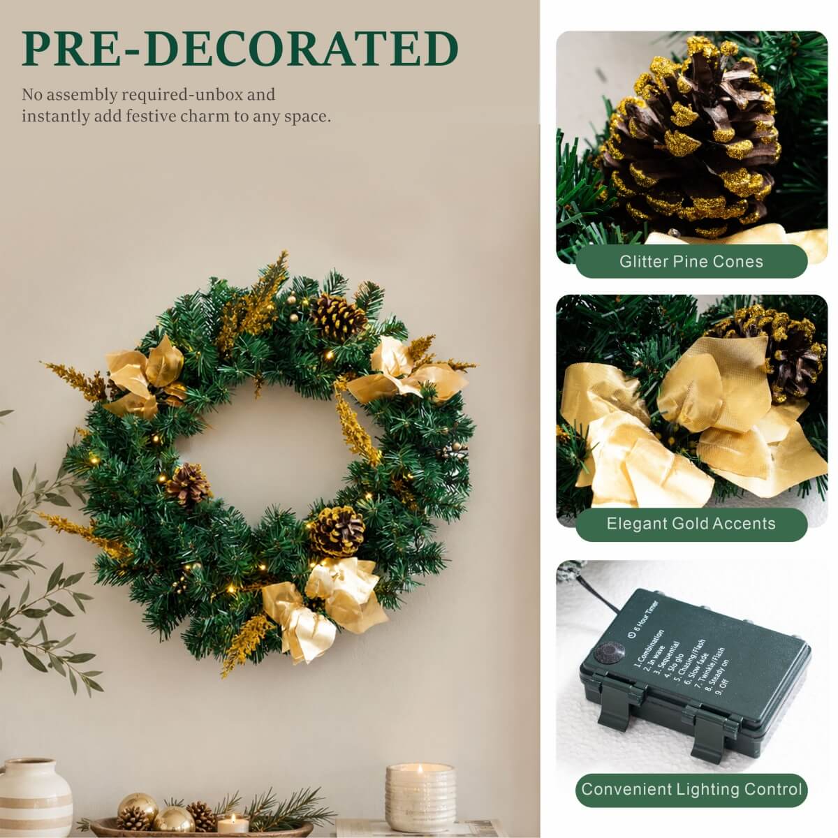 Christmas Wreath with Gold Flowers & Red Berries - PVC Wreath with Pre-Lit LED Lights & Gold Branches