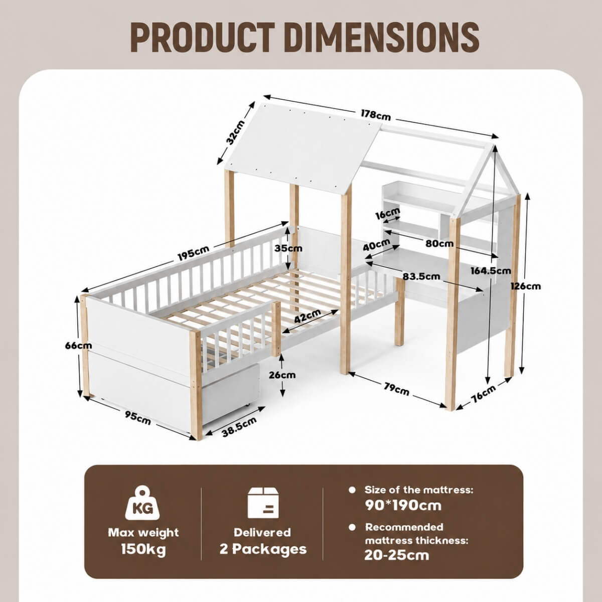 Kids House Bed with Safety Guard Rail - Solid Wood Bed Frame with L-Shaped Desk, Bookcase & Rolling Storage Drawers, White