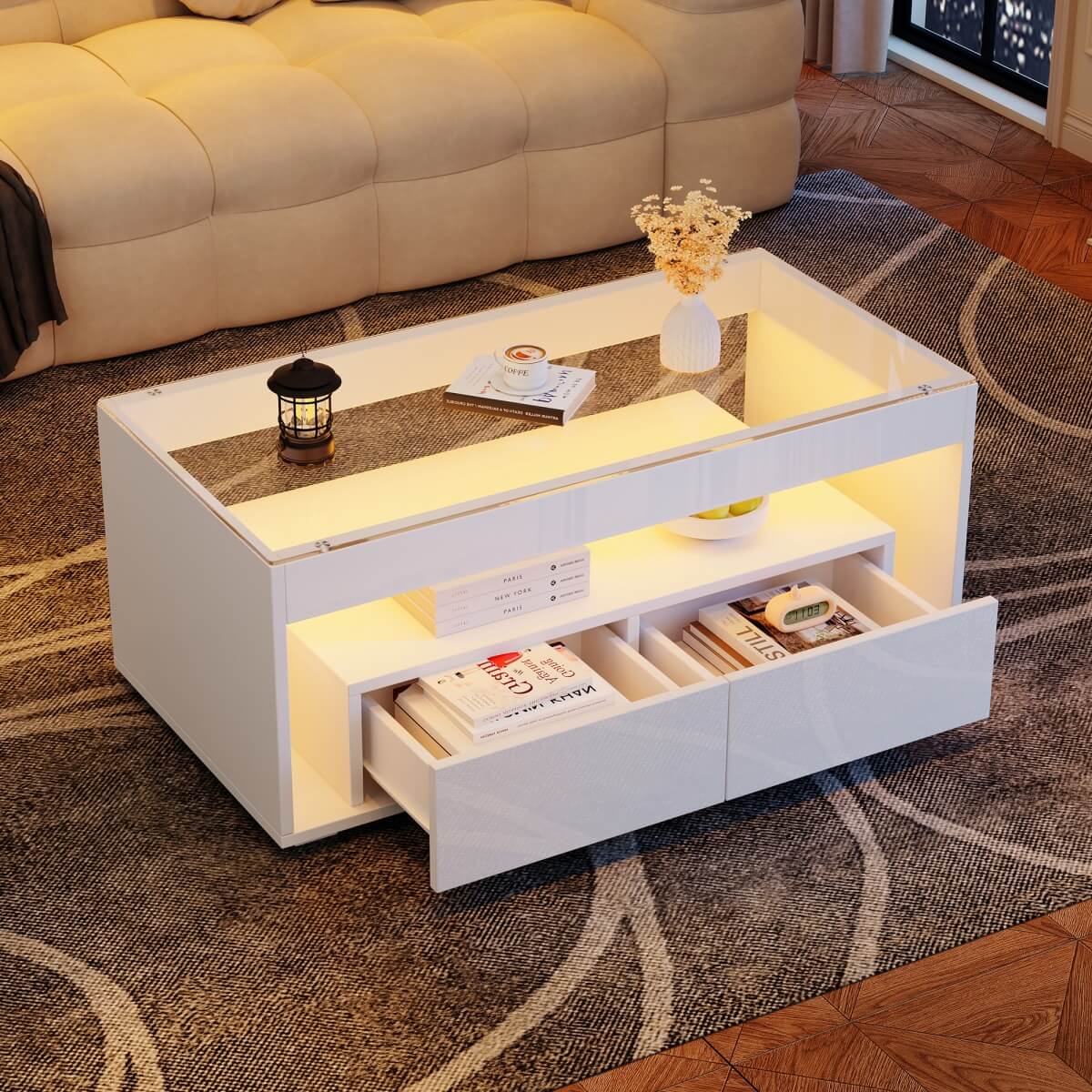 High Gloss LED Coffee Table - Centre Table with Open Storage & Drawers