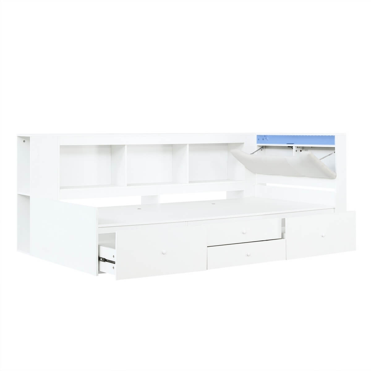 3ft Single Tatami Wooden Bed Frame - Reversible Design with Underbed Storage, LED Linen Headboard and Charging Station, White