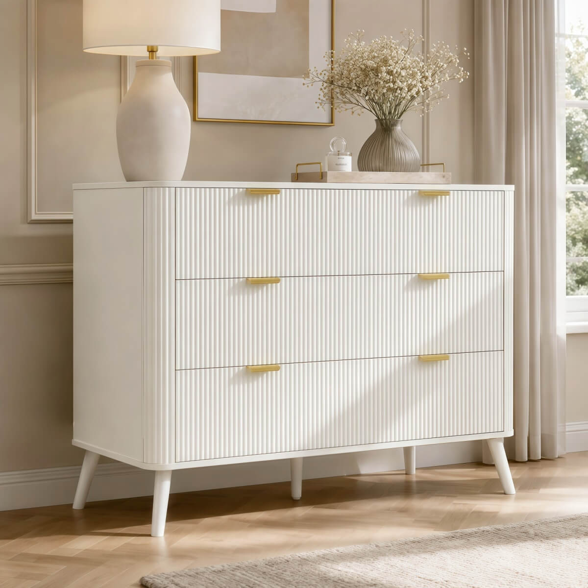 3-Drawer Chest of Drawers - Fluted Bedroom Storage Unit with Rounded Corners, Gold Handles and 4 Solid Wood Legs, Cream White