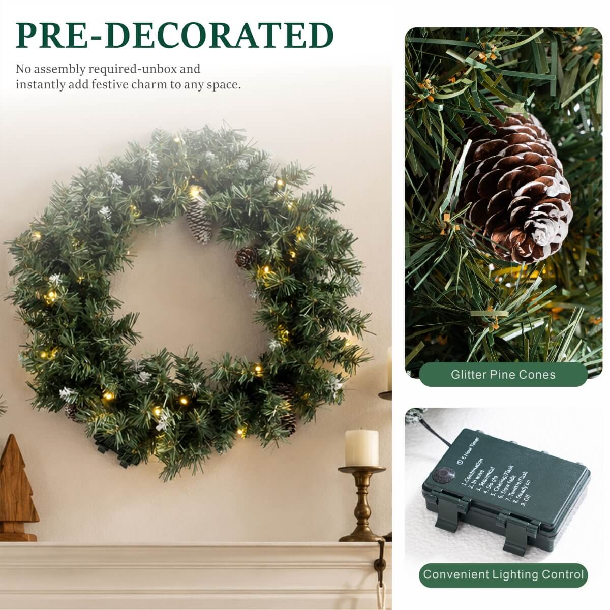 Realistic Christmas Wreath with Pine Cones - Full PVC Foliage Wreath with Pre-Lit LED Lights for Festive Door & Home Decoration