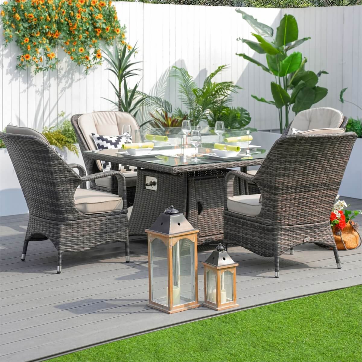 4-Seater Rattan Fire Pit Table Set - Square Gas Fire Pit Table with Wind Guard & Tempered Glass, Brown