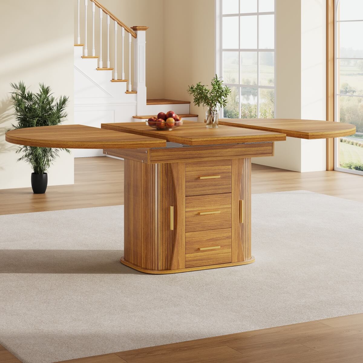 Extendable Round Dining Table 118–158cm - Kitchen Table Converts to Oval, Seats 6, 3-Tier Storage, Walnut