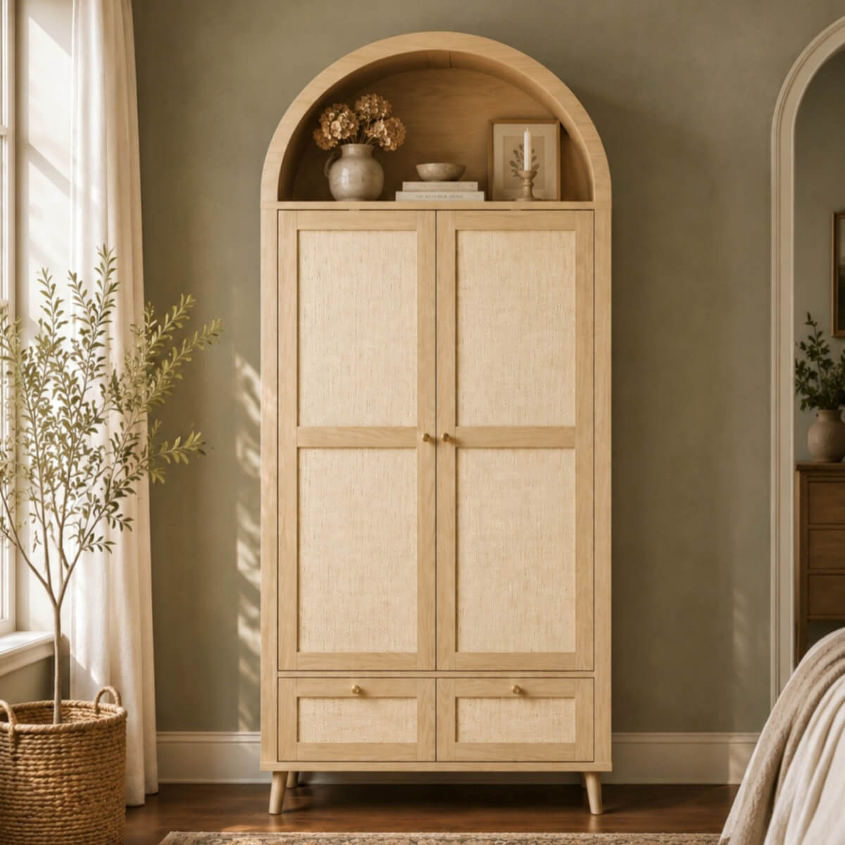 180cm Rattan Effect 2 Door Wardrobe with Arched Top - Natural Oak Storage Wardrobe with Hanging Rail, Display Shelf and 2 Drawers