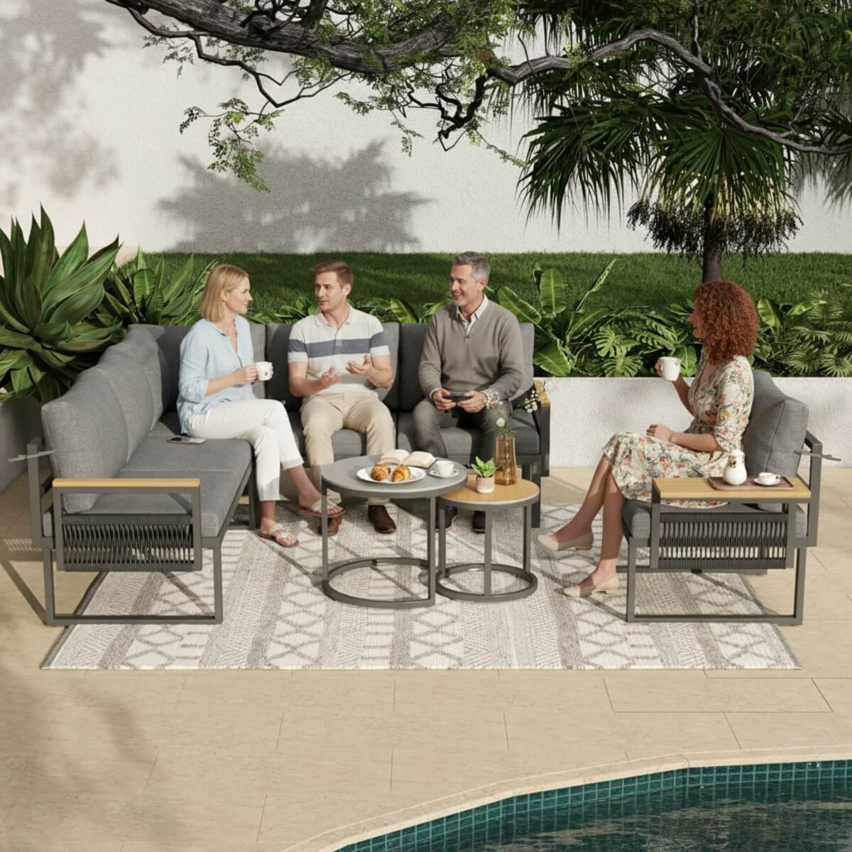 5-6 Seater Rope Woven Garden Furniture Set - Corner Sofa with Armchair and Nesting Coffee Tables, Grey
