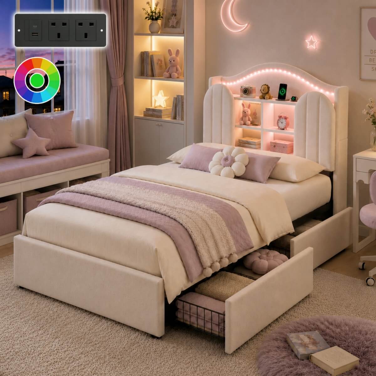 3ft Single Kids Upholstered Bed - House-Inspired LED Storage Headboard, Charging Station and 2 Reversible Drawers, Cream White