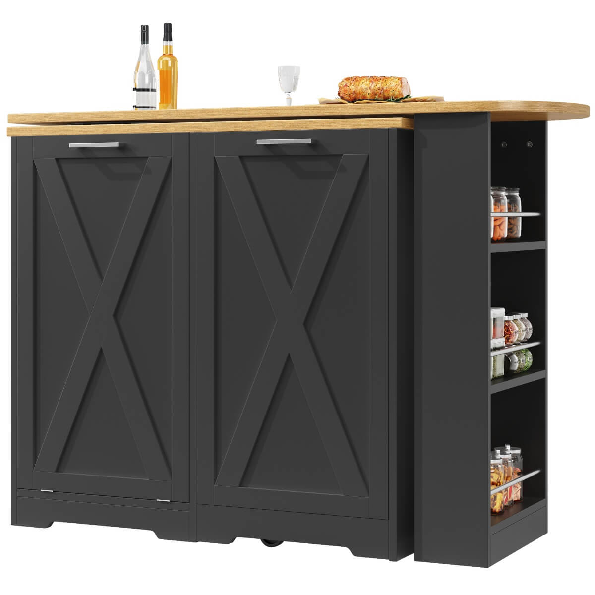 360° Rotating Kitchen Island Cabinet — Swivel Storage Sideboard with Shelves, Black