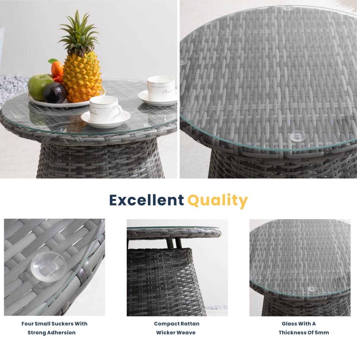 Round Grey Rattan Outdoor Coffee Table - Aluminium Frame Garden Patio Side Table