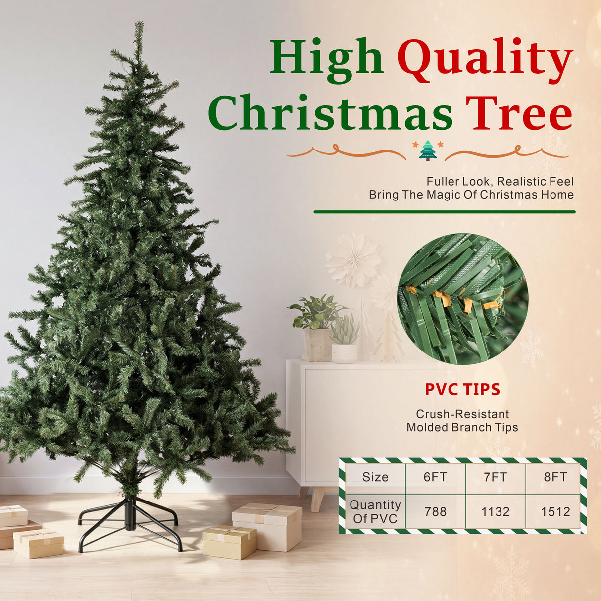 Realistic Full Green Artificial Christmas Tree - PVC Xmas Tree for Easy Setup & Indoor Festive Decoration, 6ft/7ft/8ft