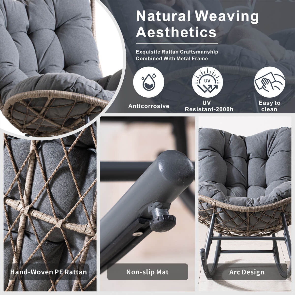 Metal Rocking Chair - Indoor Outdoor Garden Rocking Chair, Grey