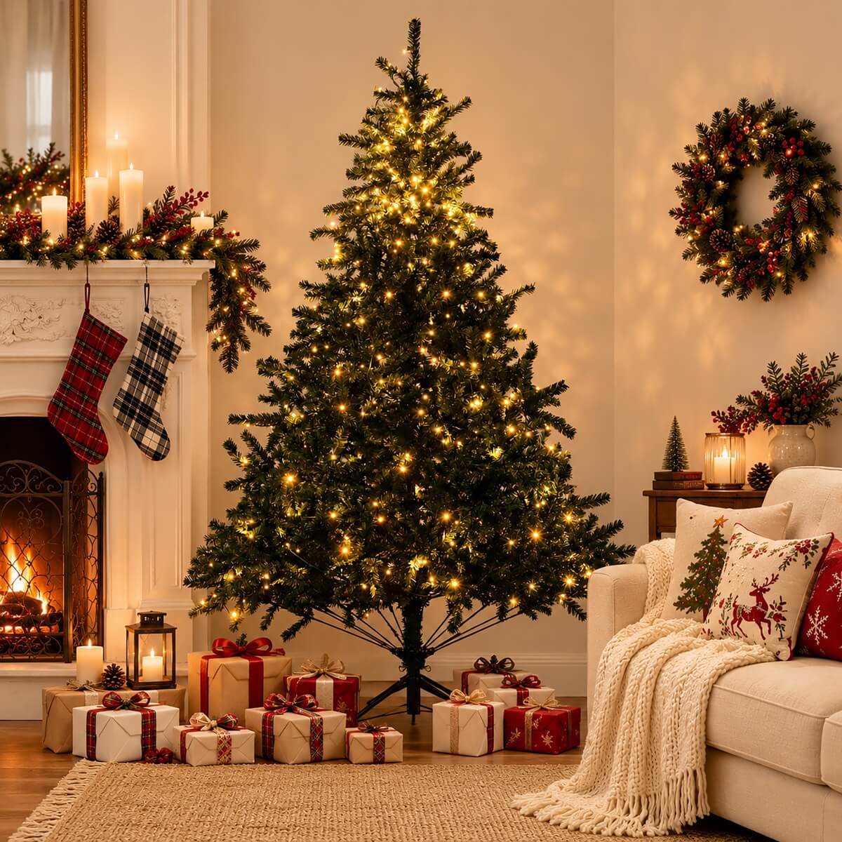 Realistic Full Green Artificial Christmas Tree - PVC Xmas Tree with Pre-Lit Warm White LED Lights, Easy Setup & Indoor Festive Decoration, 6ft/7ft/8ft