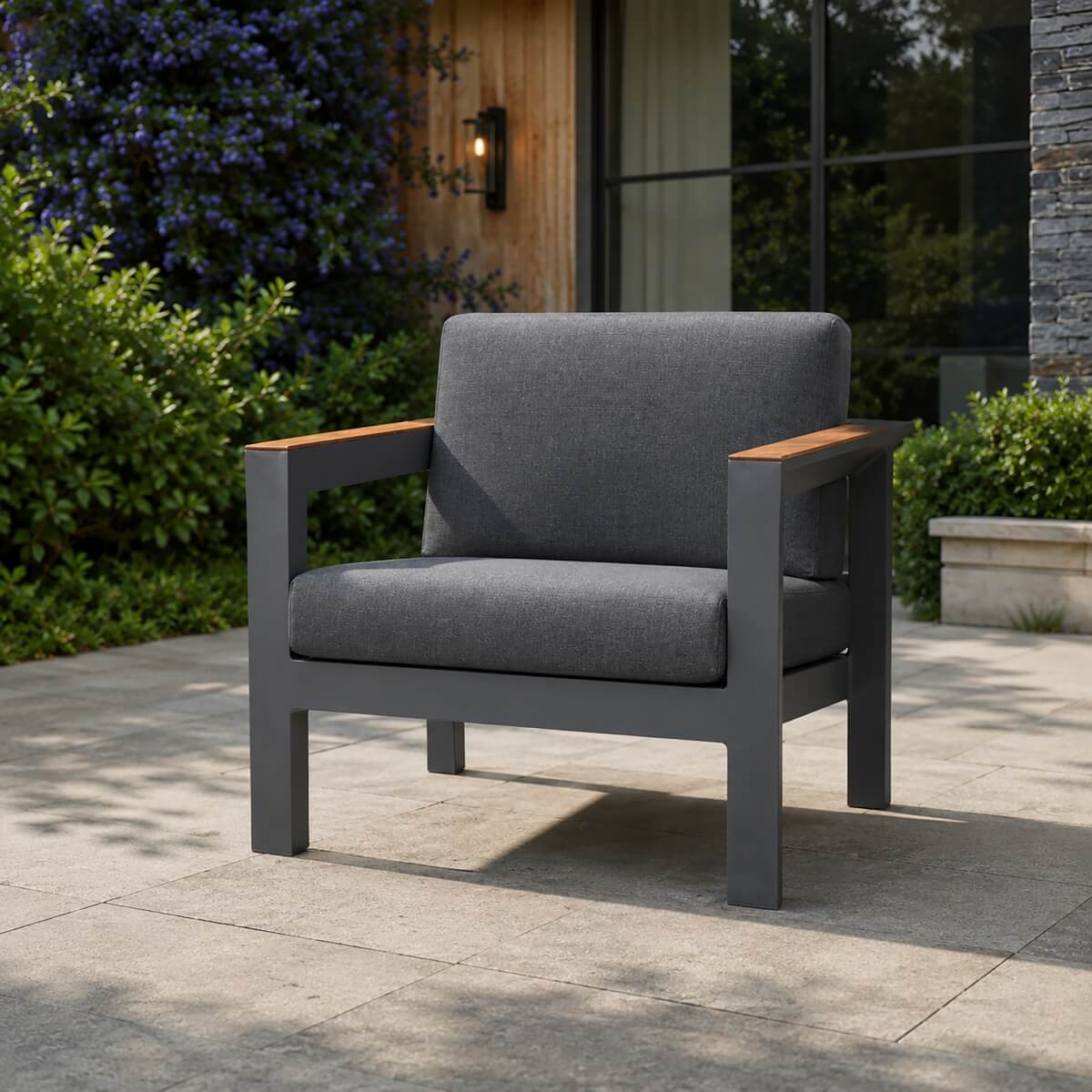 ARVE Single Outdoor Sofa – Aluminium Frame · Teak Armrests · Premium Olefin Cushions