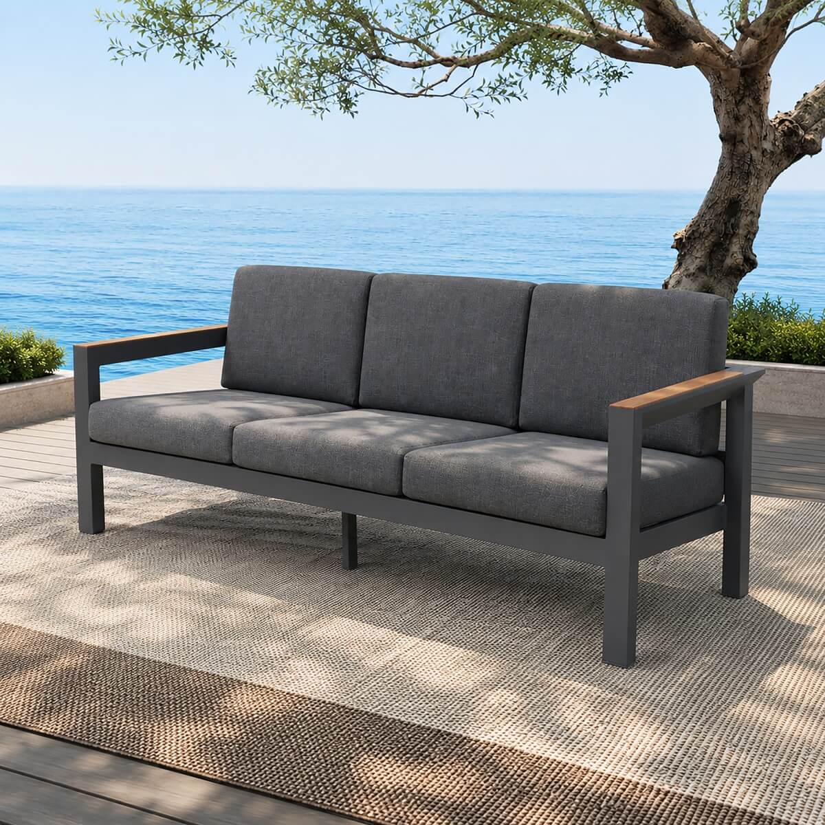 ARVE 3-Seater Outdoor Sofa Spacious Aluminium Garden Sofa with Teak Detail