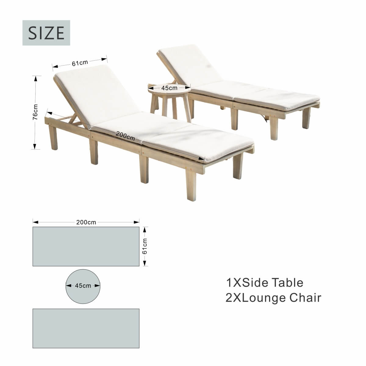 Outdoor Solid Wood Sun Lounger Set - 2 Adjustable Backrest Loungers with Round Side Table