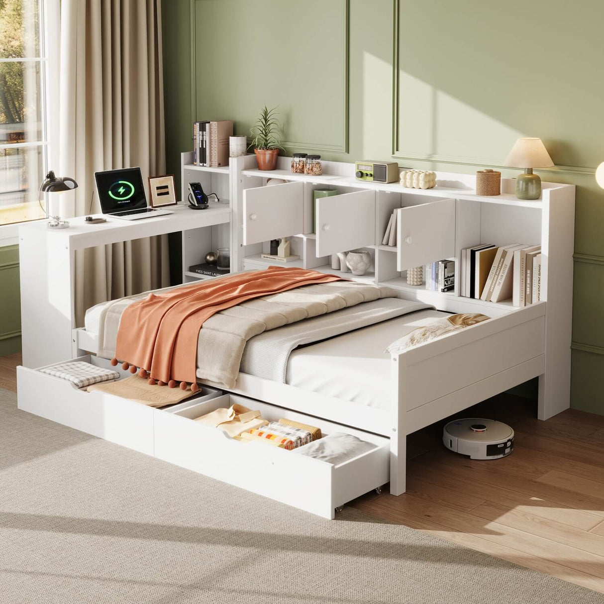 3ft Single Daybed with Storage Drawers & Bookcase – White Wooden Bed Frame with Desk and Charging Station