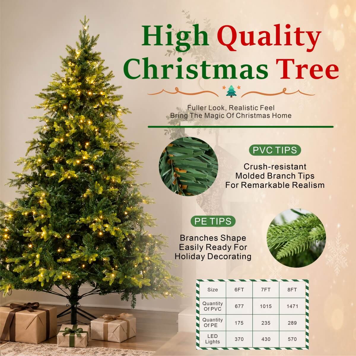 Realistic Full Green Artificial Christmas Tree - PVC & PE Mixed-Foliage Xmas Tree with Pre-Lit Warm White LED Lights, Easy Setup, 6ft/7ft/8ft