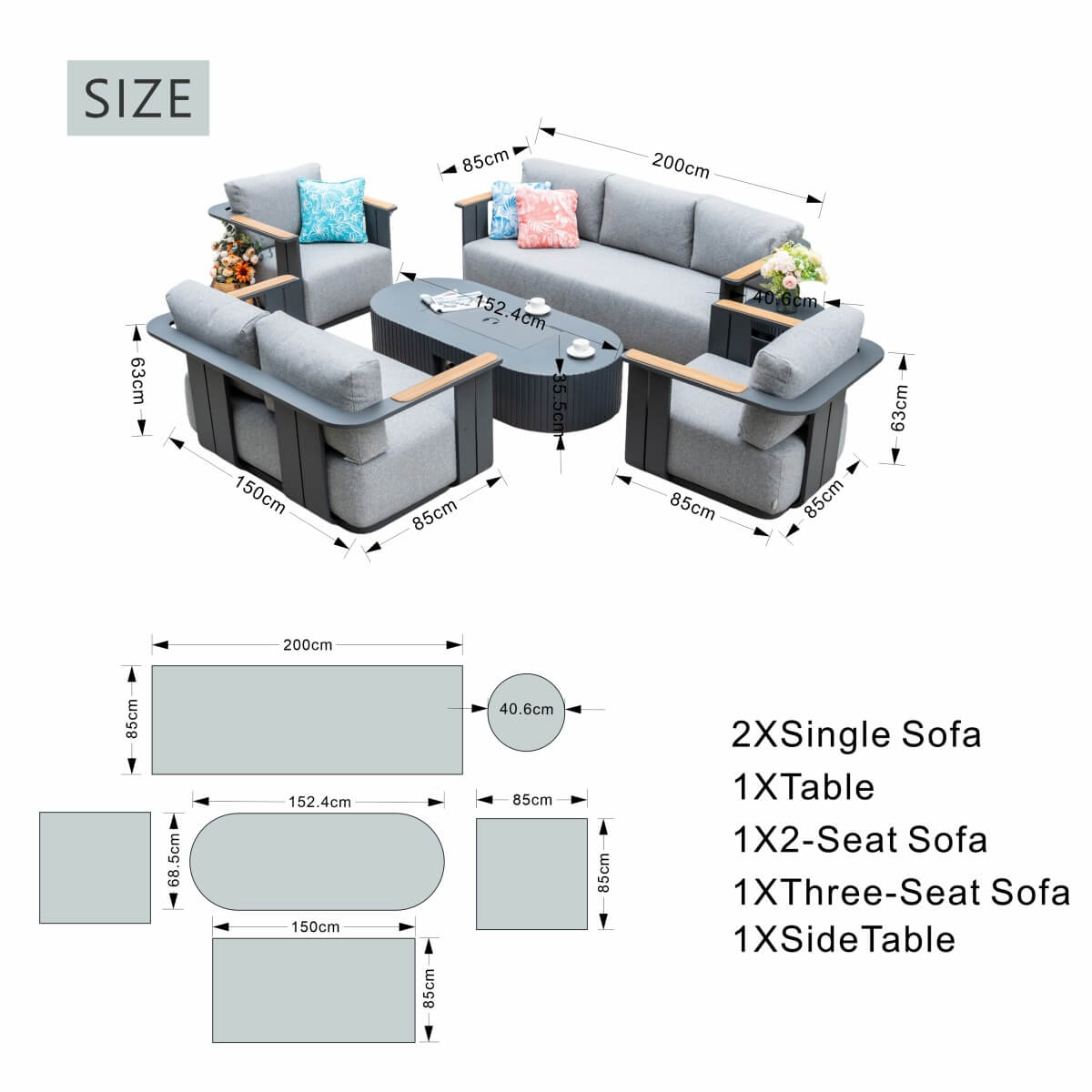 VAREL 5-Piece Sofa Set with LYRIN Fire Pit Table (Full Set)