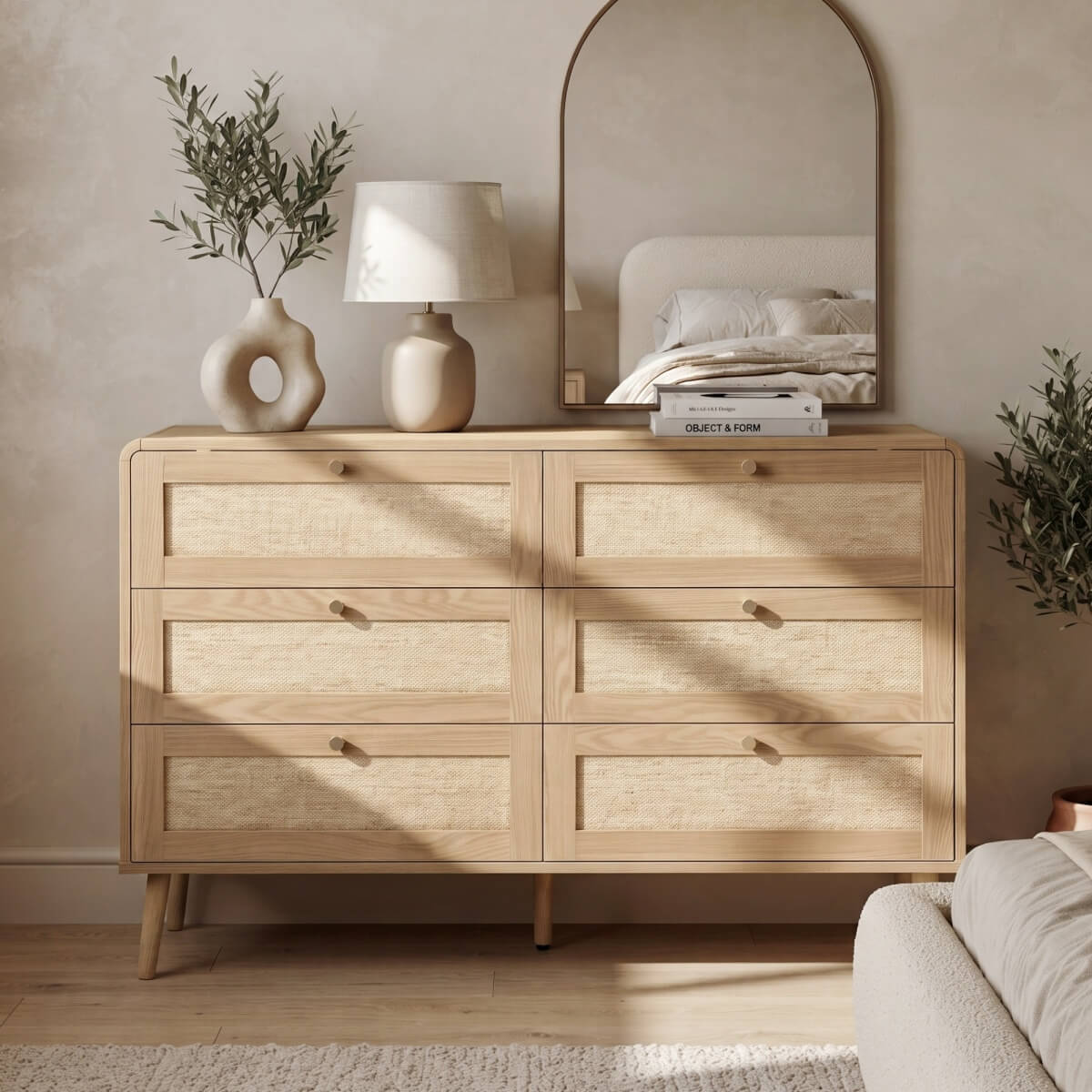 120cm 6 Drawer Chest of Drawers - Rattan Effect Bedroom Storage Dresser with Rounded Corners and Raised Legs, Natural Oak