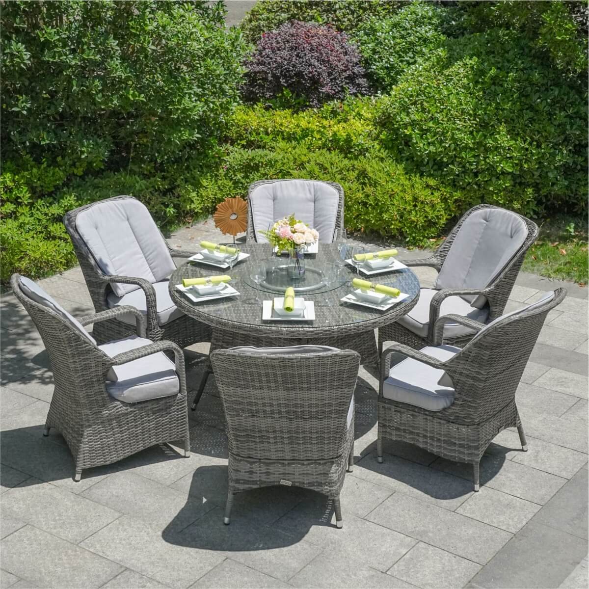 6 Seater Outdoor Rattan Dining Set - Round Table with Tempered Glass Top, Lazy Susan & Parasol Hole