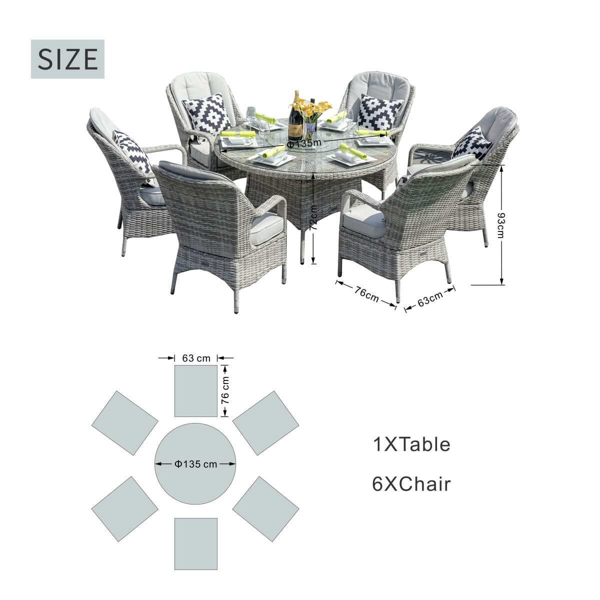 6 Seater Outdoor Rattan Dining Set - Round Table with Tempered Glass Top, Lazy Susan & Parasol Hole