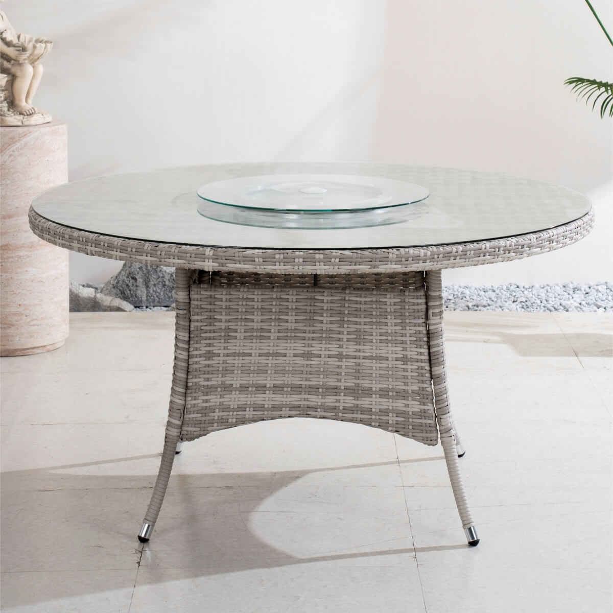 6 Seater Outdoor Rattan Round Dining Table - Glass Turntable & Parasol Hole Garden Table