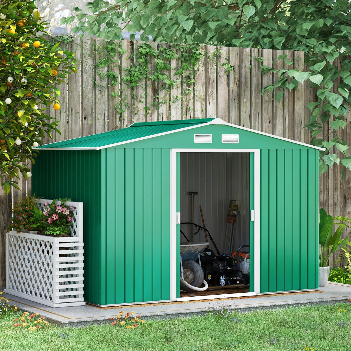 9 x 6ft Metal Garden Shed, Outdoor Storage Tool House with Ventilation, Foundation Kit & Lockable Double Doors, Green