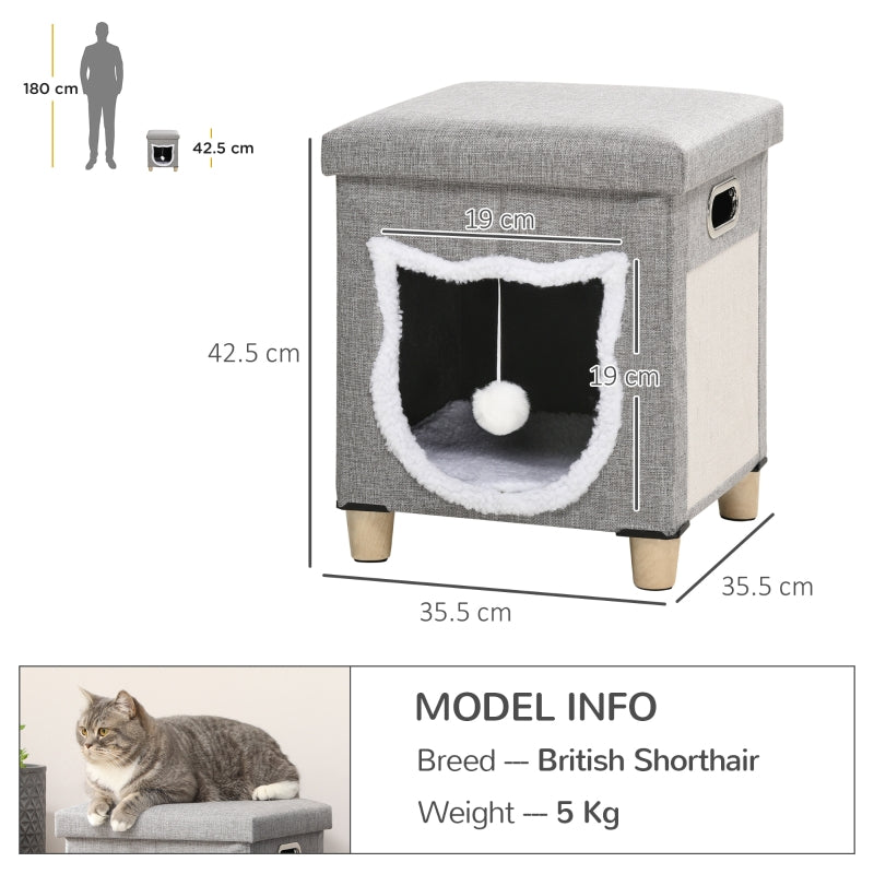 Cat House Cave Bed, Cube with Scratching Pad & Washable Cushion, Grey