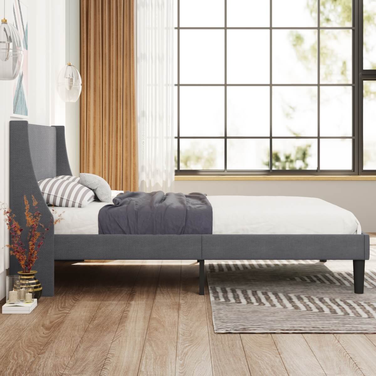 3ft Single Linen Upholstered Bed Frame - Winged Headboard, Grey
