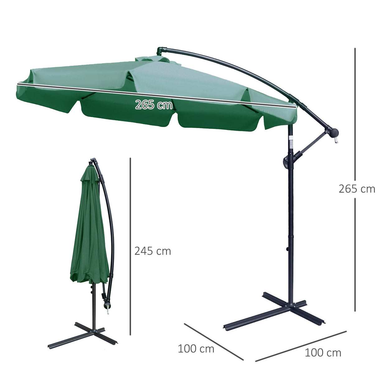 Garden Parasol Cantilever Umbrella with Crank Handle and Cross Base, Green