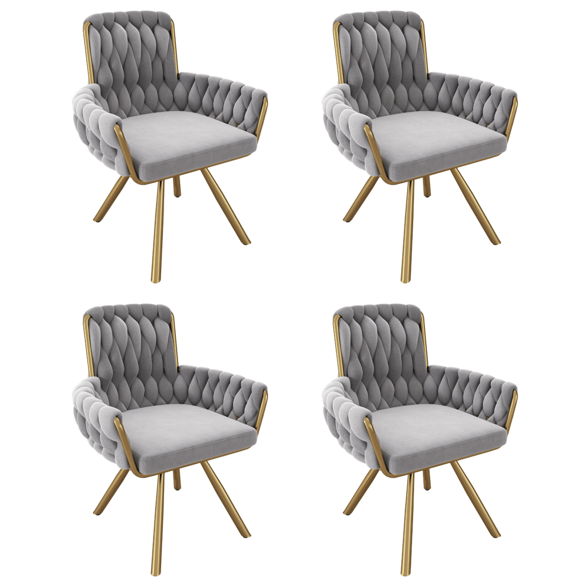 Set of 4 Velvet Swivel Dining Chairs - Luxury Armchairs with Metal Legs, Grey