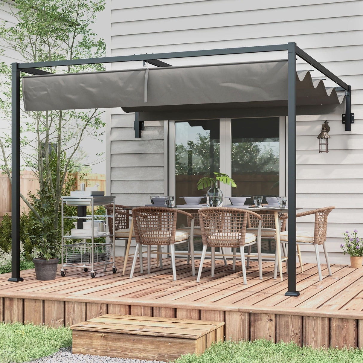 Lean To Steel Pergola, 3 x 4m with Moving Fabric Canopy - Dark Grey
