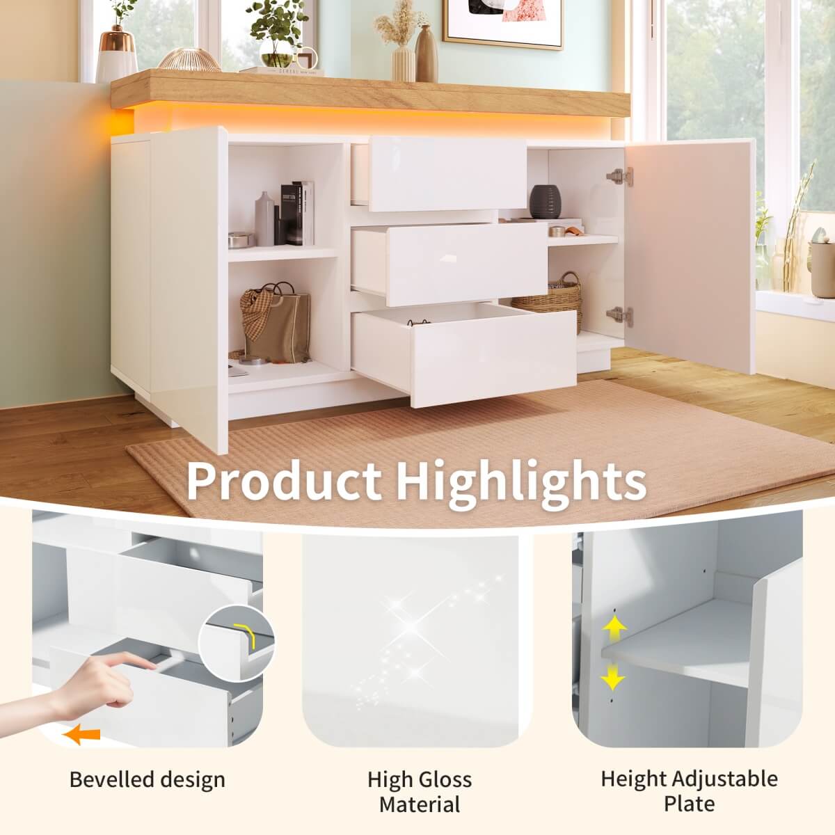 High Gloss Chest of Drawers – 2 Doors & 3 Drawers Sideboard Cabinet with RGB LED, App-Controlled Storage for Living Room & Bedroom