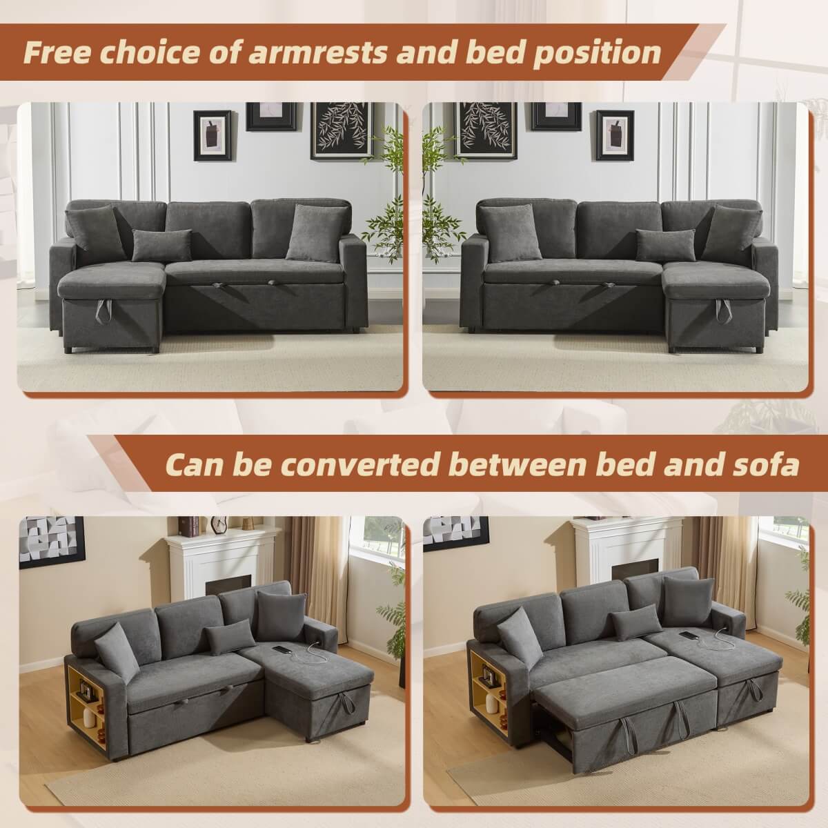 3 Seater L-Shaped Sofa Bed – Pull-Out Corner Couch with Open Storage, Bed Box and Shelf