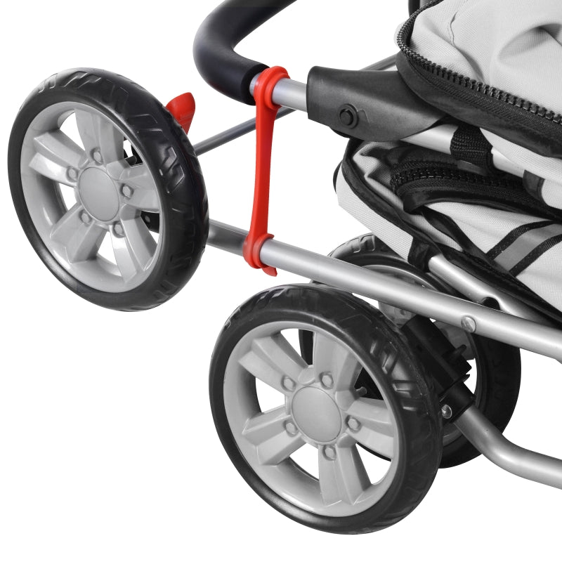 Pet Stroller: Foldable Pushchair with Wheels, Zipper Entry, Cup Holder & Basket, Grey