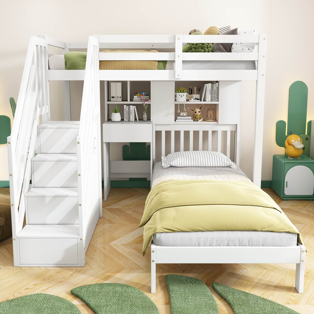 Kids Wooden Bunk Bed with Desk & Storage - 3ft Cabin Bed Frame, White