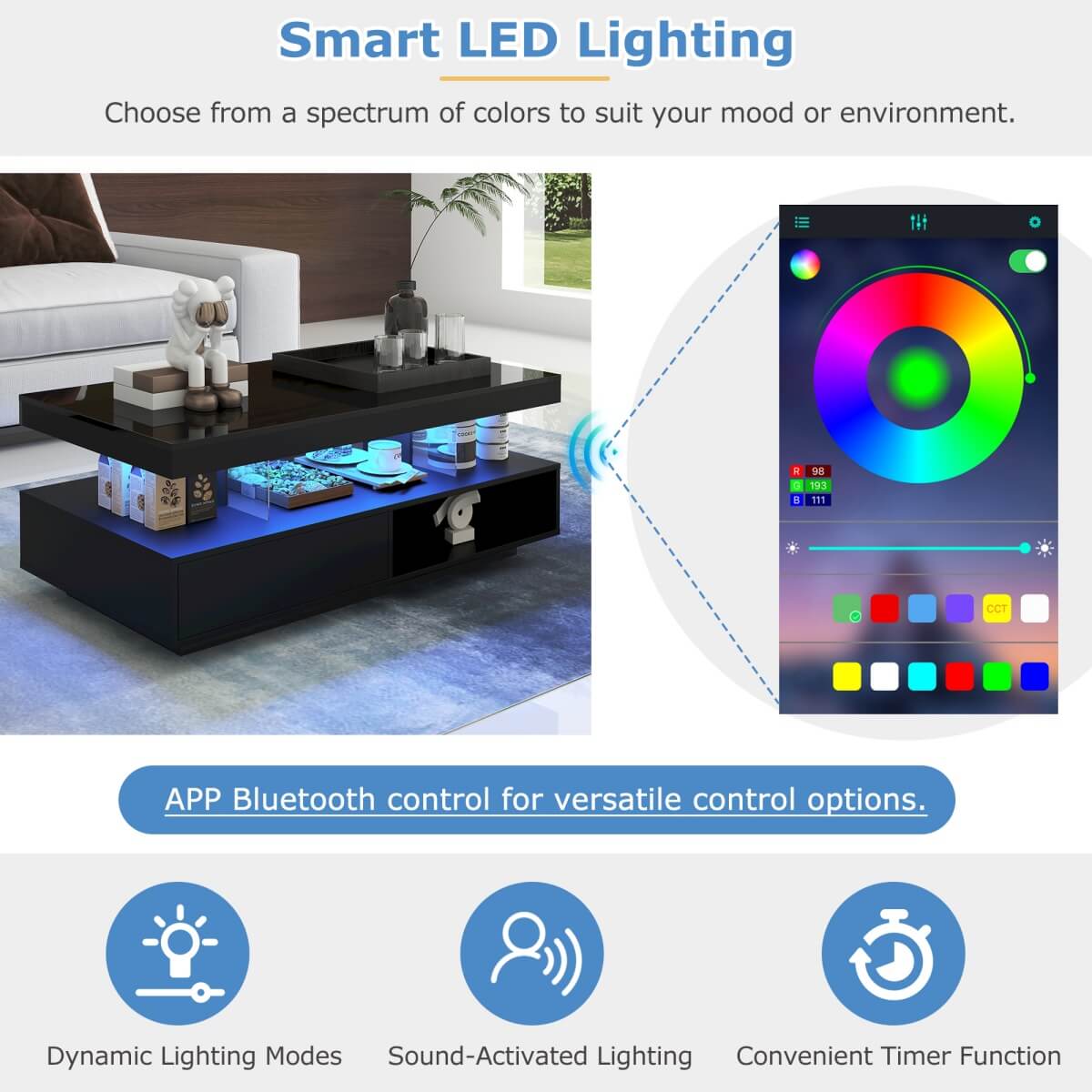 High Gloss Coffee Table with LED Lights - Modern Black Storage Centre Table