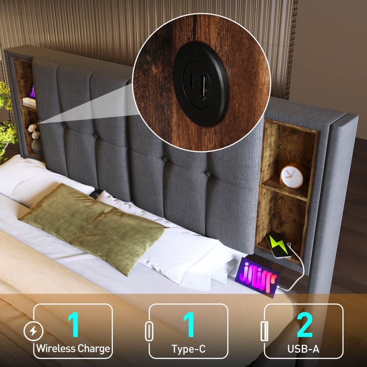 4ft6 Double Ottoman Bed Frame - Upholstered Storage Bed with Wireless Charging & USB C, Grey