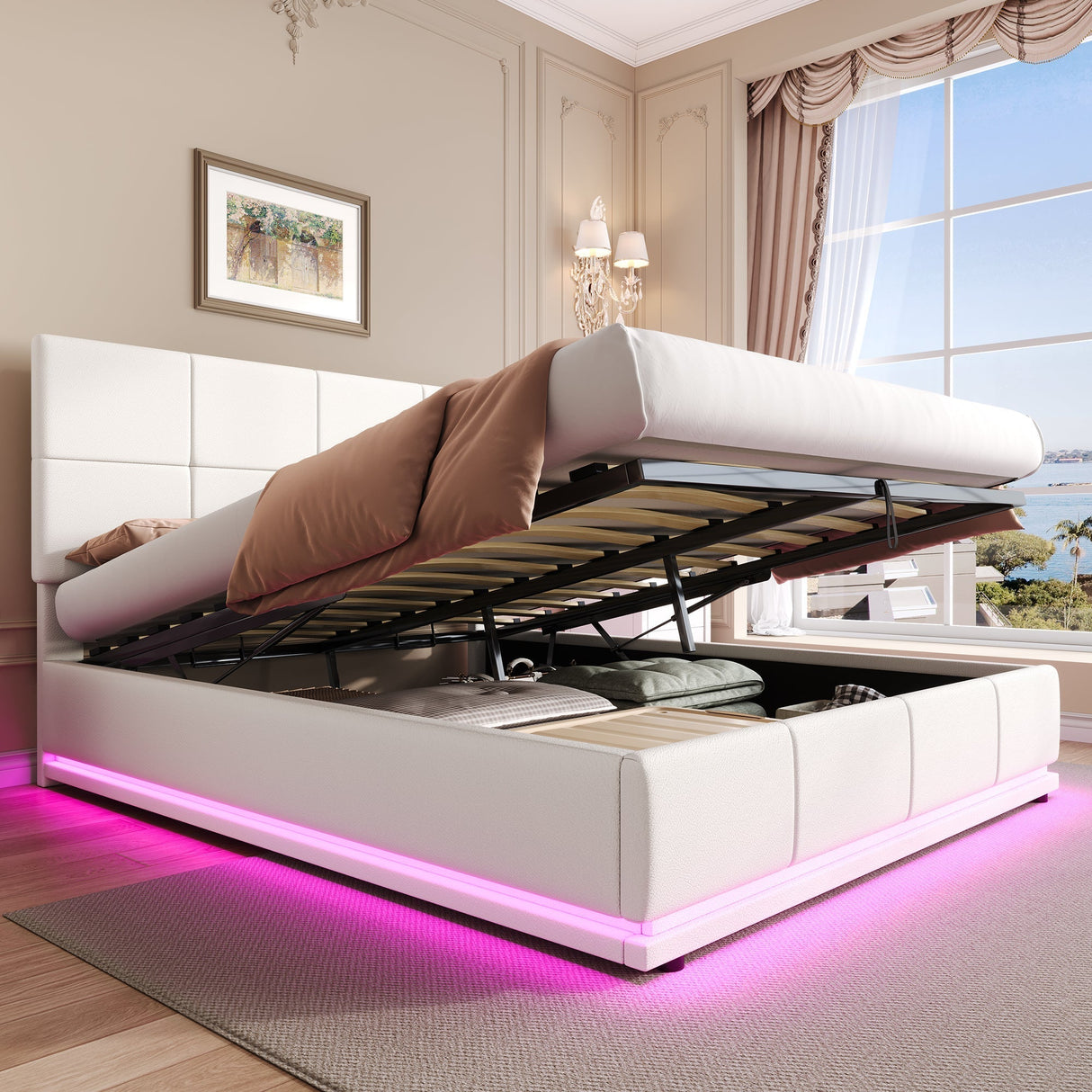 Ottoman Double Bed with LED Lighting, Hydraulic Storage, Adjustable Square Tufted Headboard, Cream White PU Leather (No Mattress)